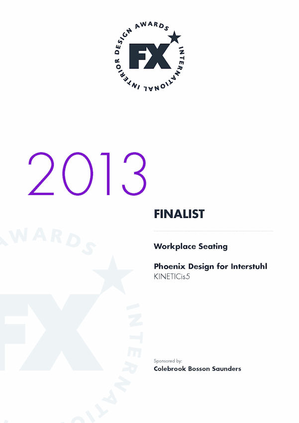 Свидетельство "Финалист FX Award " для модели кресла KINETICis5 от Интерстул